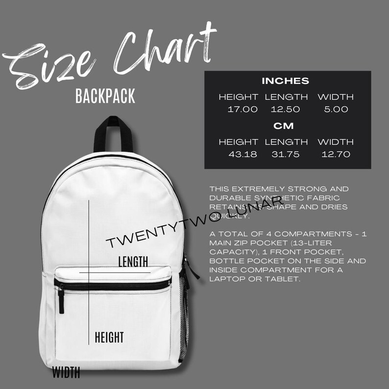 Backpack Size Chart MWW on Demand Size Chart Printify Backpack Mockup ...