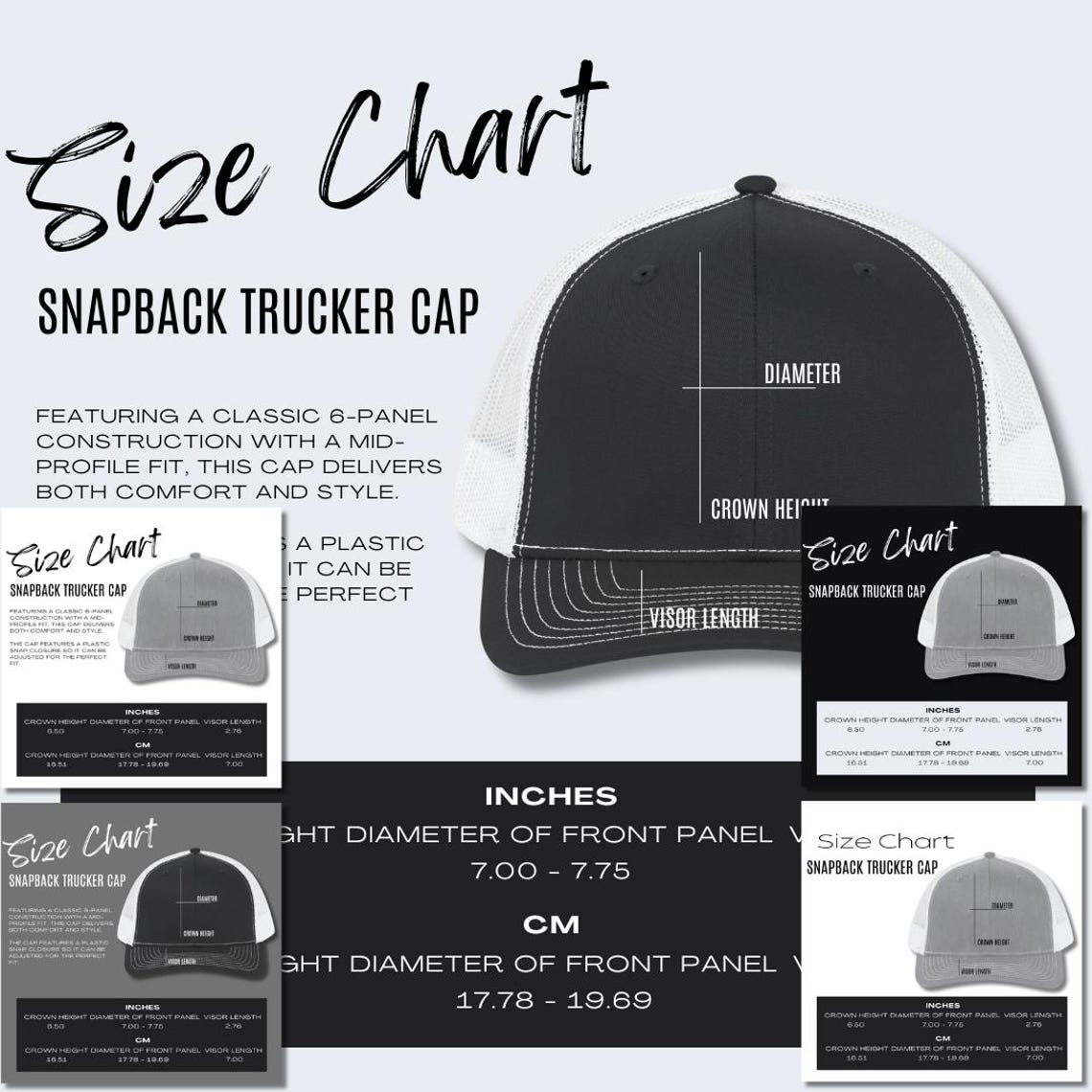 5x Snapback Trucker Cap Size Chart Hat Mockup Product Details Mockup