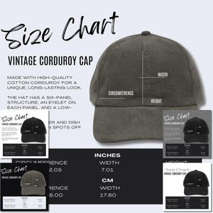5 x Corduroy Cap Embroidery Big Accessories BA703 Size Chart Hat Mockup Product Details Mockup Printify POD Size Guide Print on Demand