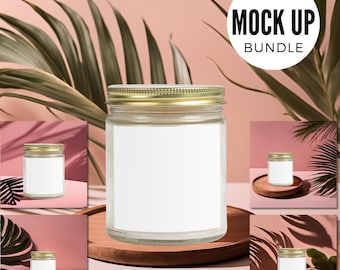 5 x Duftkerze Mockup Kokosnuss Aprikosenwachs 9 Unzen Bundle PNG Printgewächs Kerze 9 Unzen Gedruckt Mint Blank Mock-Up Rosa Palmenblatt Ästhetisches Mockup