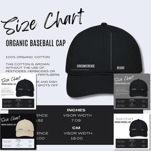 5 x Organic Baseball Cap (Embroidery) Size Chart Econscious EC7000 Hat Mockup Product Details Mockup Printify POD Size Guide Print on Demand