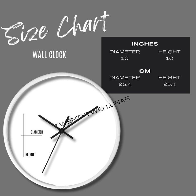 5 X Wall Clock Size Guide Mockup Printify Clock Size Chart Printify ...