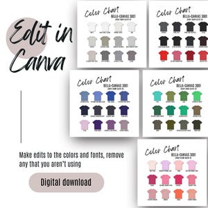 Tabla de colores Bella Canvas 3001 Plantilla Canva Camiseta Bella y maquetas de lienzo Tabla de colores POD Printify 3001 EDITABLE Descarga digital