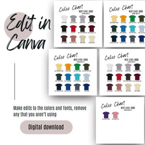 Op de afbeelding: Een digitale download van een kleurenkaart voor T-shirts. De kaart toont verschillende kleuren T-shirts van het merk Next Level. De tekst "Edit in Canva" staat bovenaan de afbeelding. De tekst "Make edits to the colors and fonts, remove any that you aren't using" staat onder de kleurenkaart. De tekst "Digital download" staat onderaan de afbeelding.