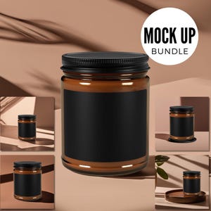 May include: Mockup bundle of five amber glass candle jars with black lids and black labels. The jars are arranged on various surfaces, including a brown surface, a wooden surface, and a white surface.