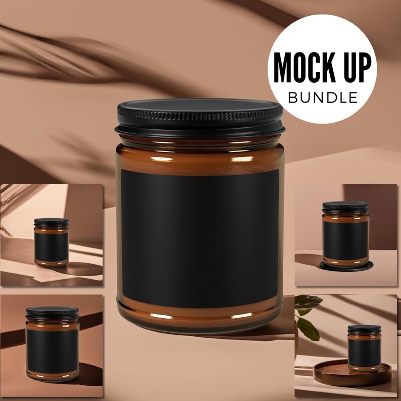 May include: Mockup bundle of five amber glass candle jars with black lids and black labels. The jars are arranged on various surfaces, including a brown surface, a wooden surface, and a white surface.