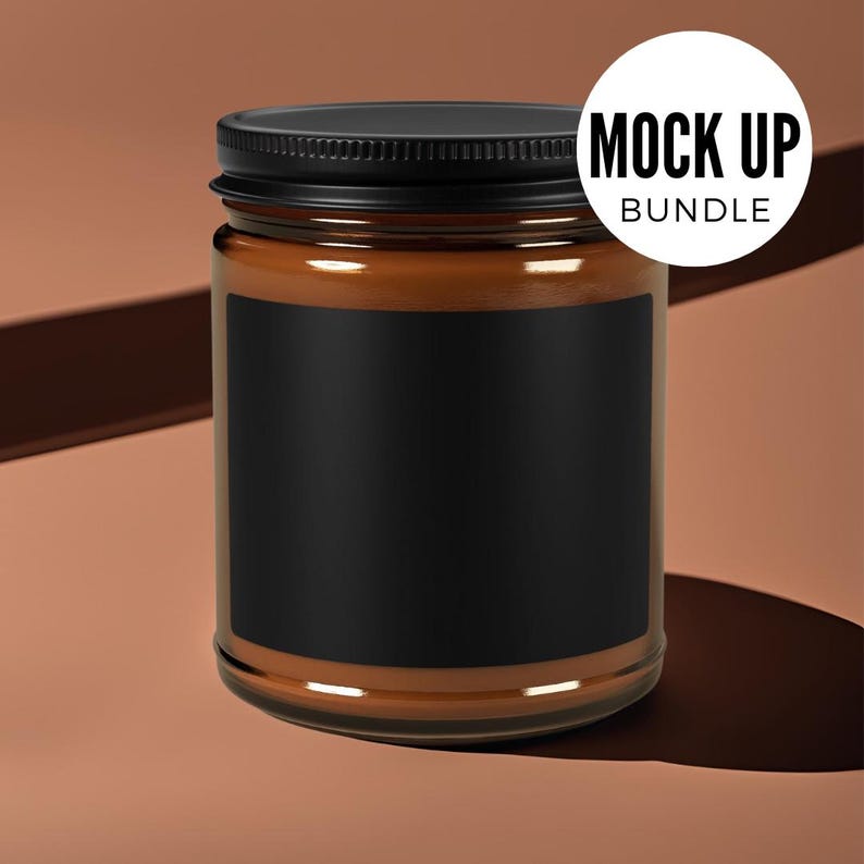 May include: A brown glass candle jar with a black lid and a black label. The label is blank and ready for your design. Mock Up Bundle.