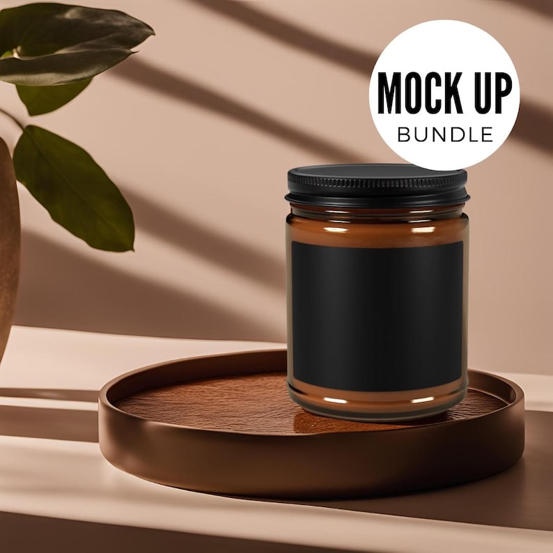 May include: A brown glass candle jar with a black lid and a black label. The candle jar is sitting on a brown wooden tray. The text "MOCK UP BUNDLE" is visible in a white circle.