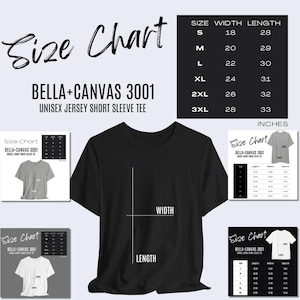 5 x Bella Canvas Size Chart 3001 Printify Bella Canvas 3001 Size Chart, POD Mockup Size Chart for Shirts Size Guide Bella T-shirt Size Guide