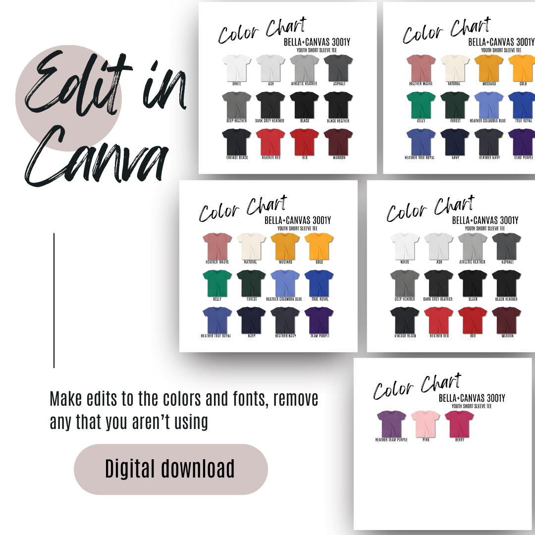Bella Canvas 3001Y Color Chart Canva Template T-shirt Bella and Canvas ...