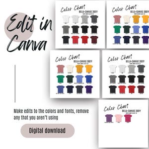 Tabla de colores Bella Canvas 3001Y Plantilla Canva Camiseta Bella y maquetas de lienzo Tabla de colores POD de Printify 3001Y EDITABLE Descarga digital