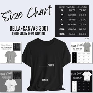 5 x Tabla de tallas de Bella Canvas 3001 Printify Tabla de tallas de Bella Canvas 3001, Tabla de tallas de maqueta POD para camisas Guía de tallas Guía de tallas de camisetas Bella