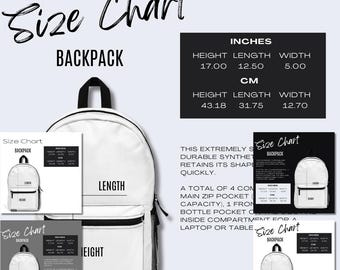 Maßtabelle für Rucksäcke MWW On Demand Größentabelle Printize Rucksack Mockup Größentabelle für POD Etsy Verkäufer Tool Print on Demand