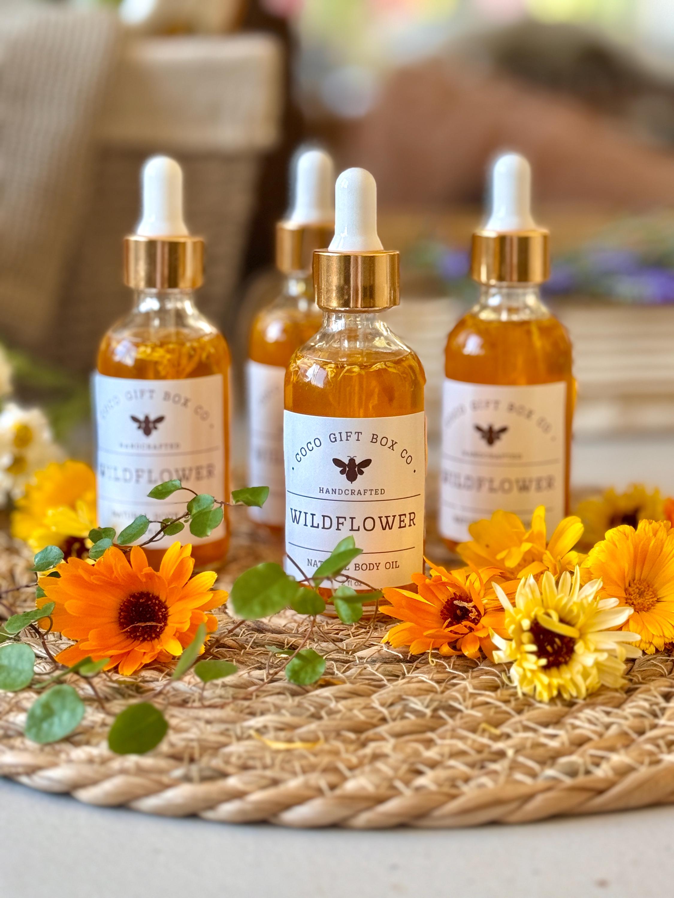 Wildflower Botanical Body Oil – Calendula Chamomile Infused Skincare, Jojoba Rosehip Sea Buckthorn Blend