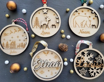 Bola de Navidad de madera personalizada, adorno navideño modelo ciervo u oso, decoración navideña, árbol de Navidad, personalización del nombre