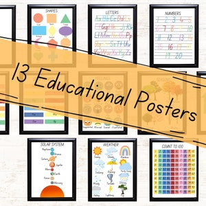 Set of 13 Educational Posters, Montessori Classroom Decor, Homeschool Prints, Educational Chart, Alphabet Chart, Preschool Learning Decor
