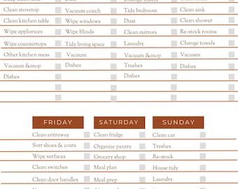 May include: A printable cleaning schedule checklist with a brown and white color scheme. The checklist is divided into seven days of the week, with a list of cleaning tasks for each day. The tasks include cleaning the kitchen, bathroom, bedroom, and other areas of the house.