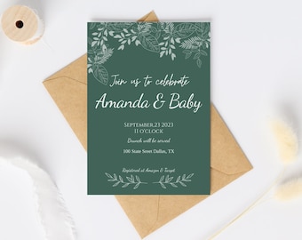 Baby Shower Invitation Editable, Minimalist Baby Shower Template, Green Baby Shower Invitation, Gender Neutral Invitation, instant download
