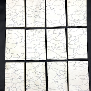 May include: Twelve rectangular tiles arranged in a grid, each featuring an off-white base color with a dark grey, web-like crackle pattern across the surface. The tiles are uniform in shape and size, displaying a consistent stone-like texture.