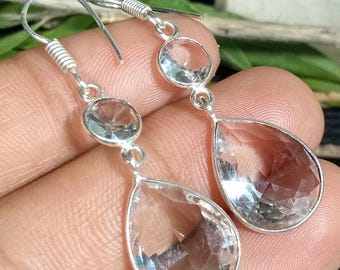 Pendientes de cuarzo cristalino facetado, joyería de plata de ley 925