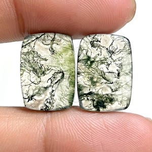 Puede incluir: Dos piedras preciosas rectangulares de ágata musgosa. Las piedras tienen una base blanca translúcida con intrincados patrones de inclusiones verdes y negras, que se asemejan a un paisaje natural. Las piedras se sostienen entre los dedos.