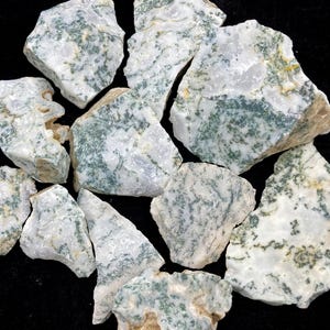 May include: A collection of raw, unpolished moss agate stones featuring a translucent white base with intricate, fern-like green inclusions and subtle earthy yellow mineral deposits scattered across the jagged, irregular surfaces of each rock.