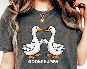 May include: A dark gray t-shirt with a graphic of two cartoon geese kissing. The text "GOOSE BUMPS" is printed below the geese.