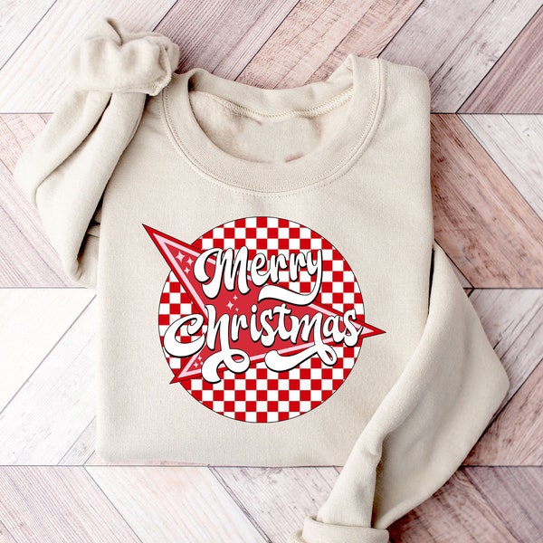 Kariertes Retro Frohe Weihnachten Sweatshirt für Silvesterparty, Weihnachten Rundhalsausschnitt, Vintage Weihnachtspullover, frohes und helles Hemd, Weihnachtsgeschenk