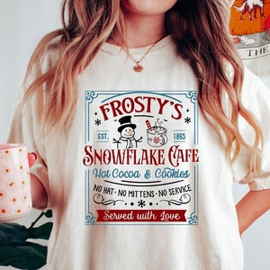 Comfort Colors® Frosty&#39;s Snowflake Cafe Shirt, Christmas Vibes Shirt, Cute Christmas Tee, Hot Cocoa and Cookies Shirt, Christmas Spirit Tee