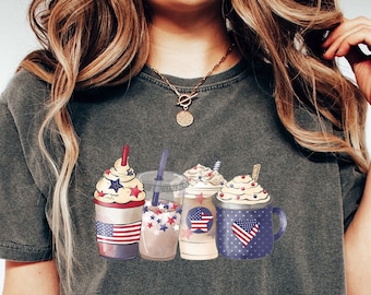 4th of July T-Shirt Gift For Coffee Lover, American Coffee Cups Shirt, Independence Day Shirt, Coffee Lover Gift, Red White Blue Stripes