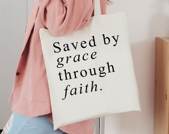 Durch Gnade durch den Glauben gerettet, religiöse Einkaufstasche, Geschenke der Kirchengruppe, christliche Tasche, Bibel-Versgeschenk, religiöse Einkaufstasche, niedliche Öko-Tasche
