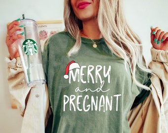 Comfort Colors® Merry and Pregnant Shirt, Pregnancy Announcement Shirt, Christmas Pregnant Shirt, Funny Pregnancy Tee, Xmas Baby Shirt