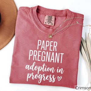 Pode incluir: Camiseta cor carmesim com o texto branco "PAPER PREGNANT adoption in progress". A camiseta tem gola redonda e mangas curtas. Um colar dourado com um pingente est&aacute; sobre a camiseta.