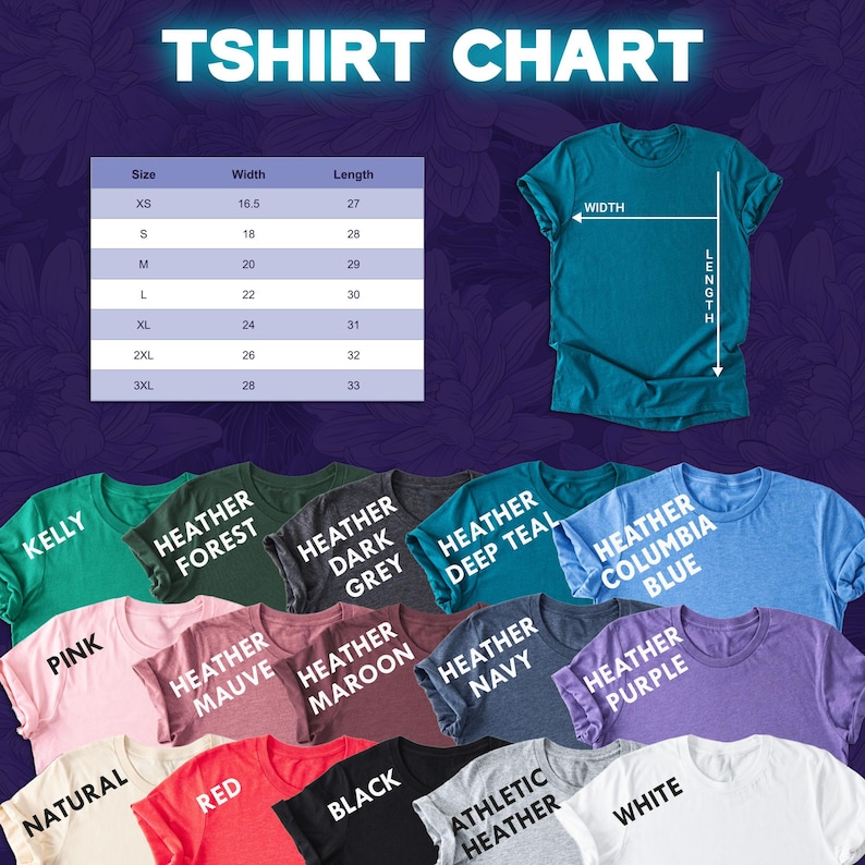 May include: A TSHIRT CHART featuring a sizing table with width and length in inches, a teal t-shirt diagram with measurement arrows, and a color palette of fifteen t-shirts labeled Kelly, Heather Forest, Dark Grey, Deep Teal, Columbia Blue, Pink, Mauve, Maroon, Navy, Purple, Natural, Red, Black, Athletic Heather, and White.