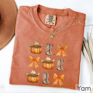 May include: A terracotta-colored t-shirt featuring a design of pumpkins wearing cowboy hats, cowboy boots, and orange bows. The shirt has a crew neck and short sleeves. The brand label "Comfort Colors" is visible at the top.