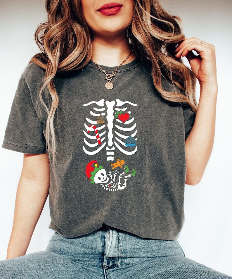 Comfort Colors®, Christmas Pregnant Skeleton Shirt, Xmas Baby Shirt, Pregnancy Announcement Shirt, Baby Reveal Shirt, Maternity Skeleton Tee image 1