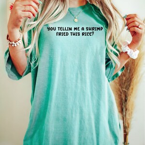 May include: A turquoise t-shirt with the phrase "YOU TELLIN ME A SHRIMP FRIED THIS RICE?" printed in black. The shirt is a relaxed fit and has short sleeves. The image shows the shirt being worn.