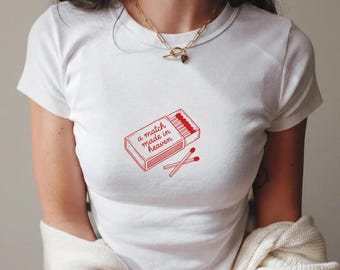 A Match Made in Heaven Baby Tee, Y2k Fitted Tee, Coquette Crop Top, Match Book Crop Top, Matchbook Baby Tee, 90s Lover Baby Tee