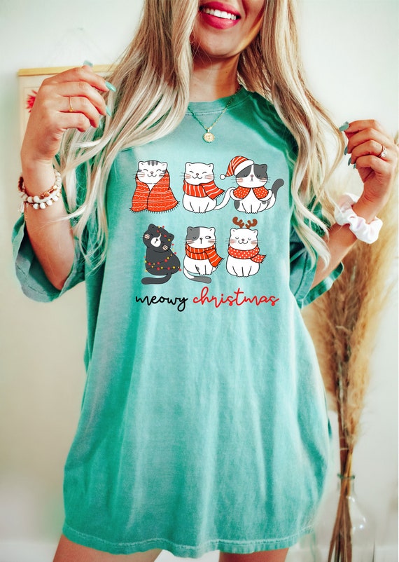 Comfort Colors® Meowy Christmas Shirt, Christmas Cat Shirt, Merry Christmas, Cat Lover Shirt, Christmas Gift, Cat Mom Gifts For Cat Lover