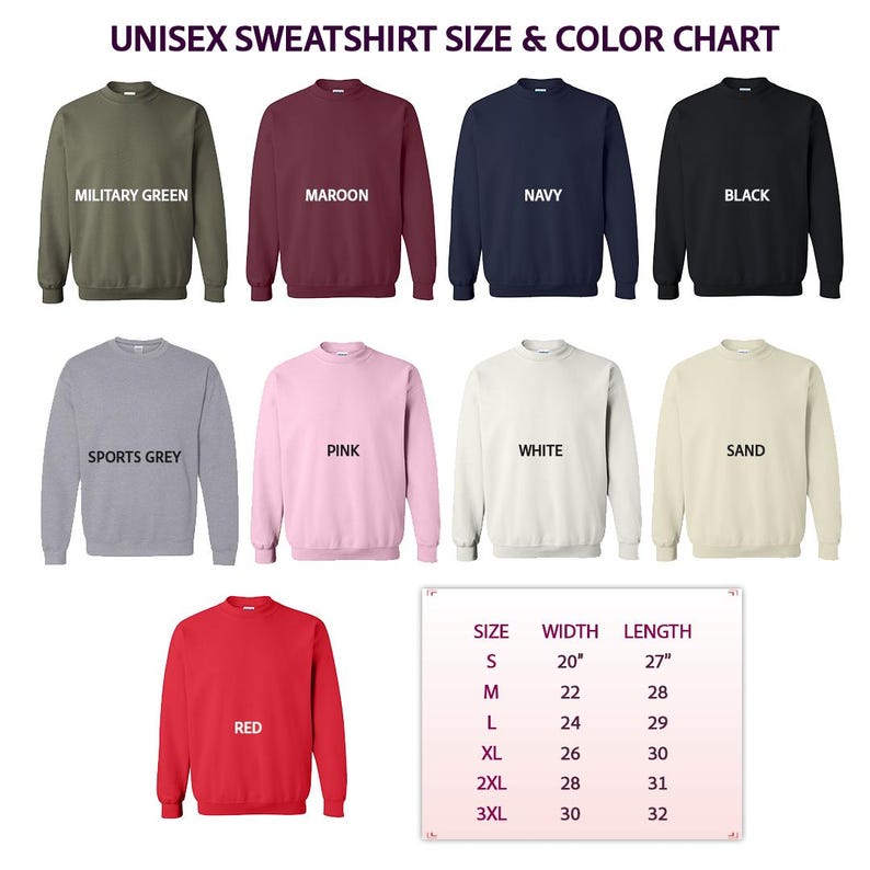 May include: A color chart for unisex sweatshirts, showcasing various colors including military green, maroon, navy, black, sports grey, pink, white, sand, and red. The chart also includes a size guide with measurements in inches for width and length, ranging from size small to 3XL.