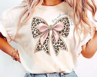 It Is Well With My Soul Shirt, Pink Coquette Bow Religious Shirt, Coquette Bible Verse T-Shirt,Coquette Christian Girl Gifts,Leopard Bow Tee