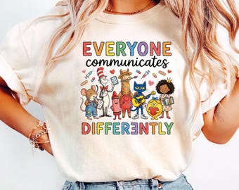 Camiseta "Todos se comunican de manera diferente", camiseta de colores cómodos para maestros de autismo, camiseta de logopeda, camiseta del mes del autismo, regalo de apoyo a la neurodiversidad