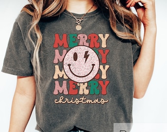Smiley Face Merry Christmas Crewneck Shirt Gift For Christmas 2023, Cute Xmas Lightning Bold Shirt, Retro Christmas Smile Face Hoodie