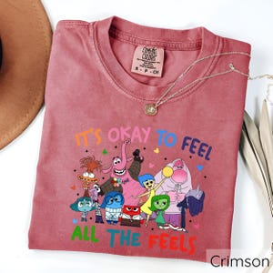 May include: Crimson red t-shirt with a graphic of characters from the movie Inside Out. The text "It's okay to feel all the feels" is printed on the shirt.