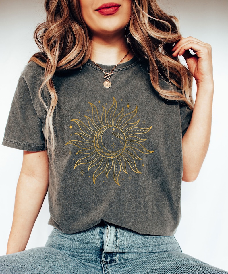 Retro Gold Moon And Sun Shirt, Celestial Moon Shirt, Moon Lover Shirt, Boho Moon Shirt, Astronomy Shirt, Space Lover Shirt, Astrology Shirt image 1
