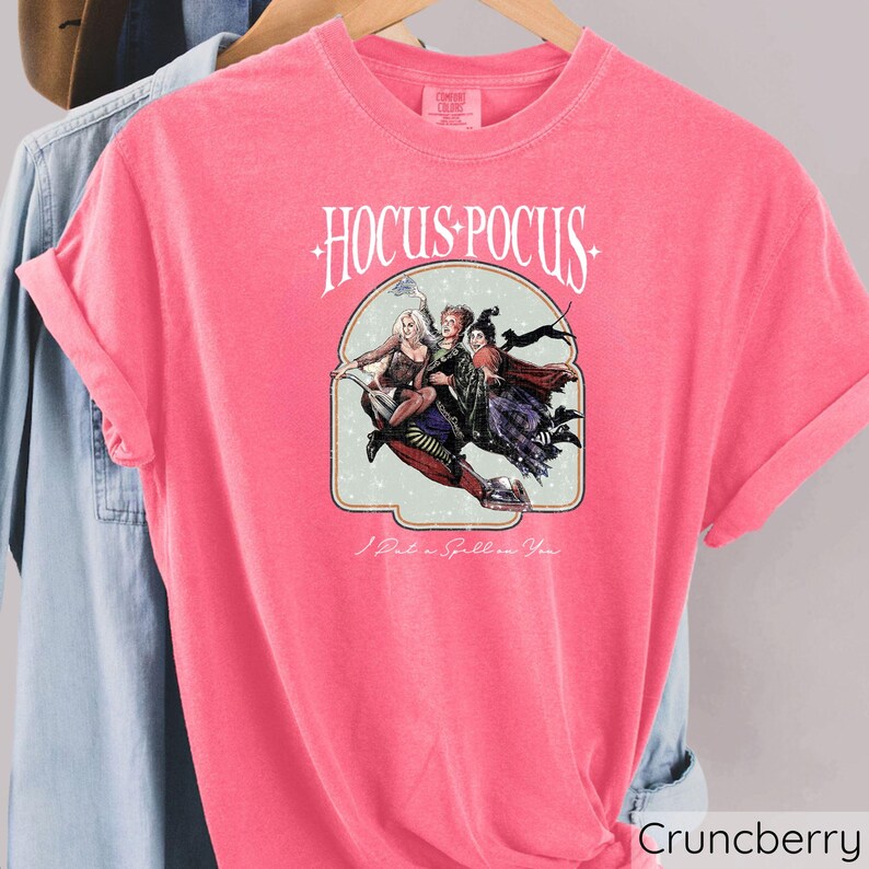 Puede incluir: Una camiseta rosa con las palabras "Hocus Pocus" sobre una ilustraci&oacute;n de tres brujas en una escoba. La frase "I Put a Spell on You" est&aacute; impresa debajo. La camiseta est&aacute; colgada de una percha de madera.