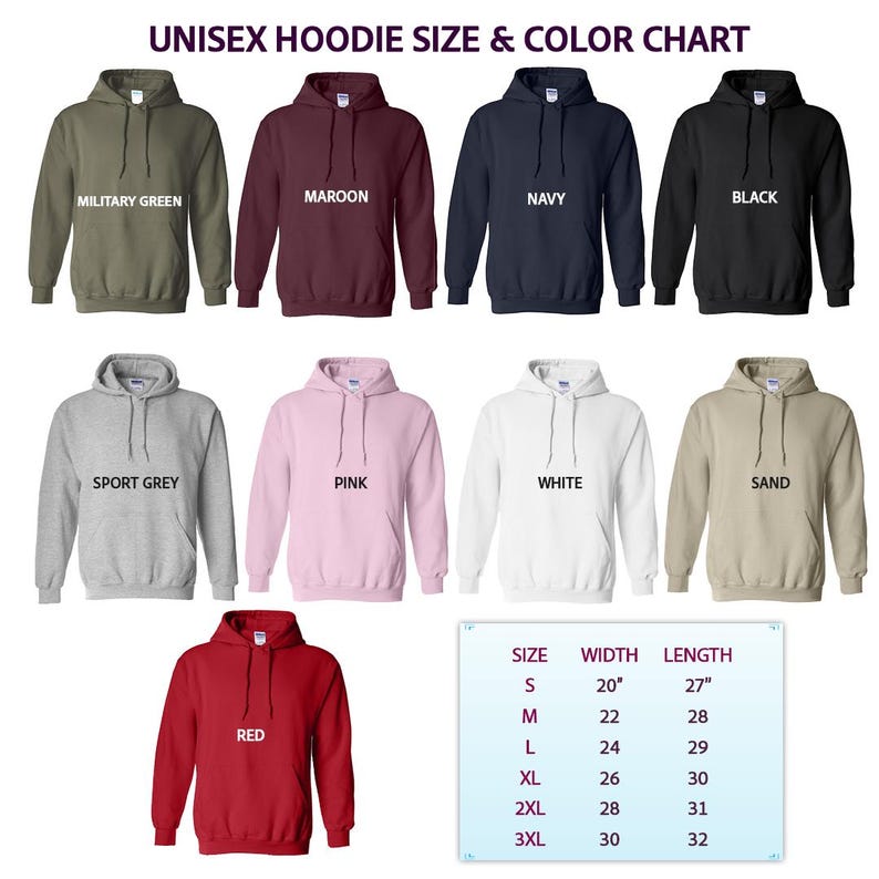 a variety of hoodie sizes and color chart
