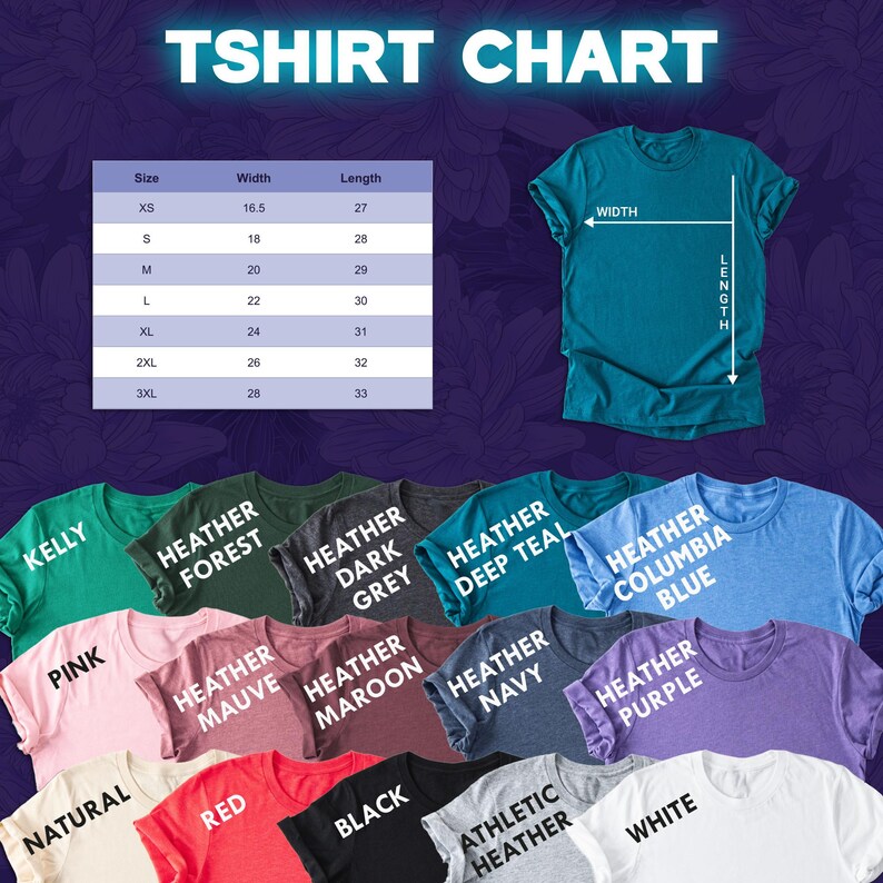 May include: A t-shirt chart with size, width, and length measurements. The chart is accompanied by a teal t-shirt and a variety of t-shirt colors, including Kelly green, pink, heather forest, and heather deep teal. The text "TSHIRT CHART" is at the top.