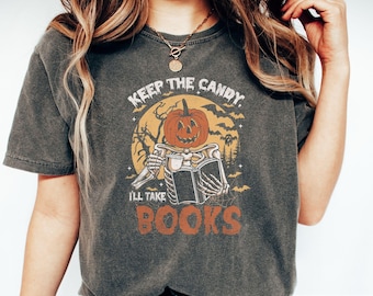 Grappige Halloween-T-shirts, T-shirts met comfortkleuren, Halloween-spookshirts, T-shirt Halloweenboek, T-shirt Halloween-pompoen, T-shirt Halloween-koffie, T-shirt Halloween-koffie