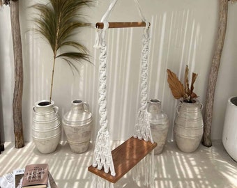 Handcrafted Boho Macrame Swing, Indoor/Outdoor Hanging Swing Made from Ablasia Wood and Cotton Rope, Balinese Decoration SWING ME